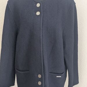 Geiger of Austria Vintage Navy Blue Boiled Wool Jacket & Skirt Suit Set US 12